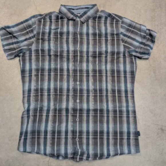 Kuhl Stealth Short Sleeve Shirt Mens L Linen Blend Striped Blue/Gray - Picture 1 of 7